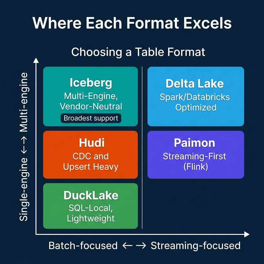 Positioning chart showing where Iceberg, Delta Lake, Hudi, Paimon, and DuckLake sit on batch vs streaming and single vs multi-engine axes