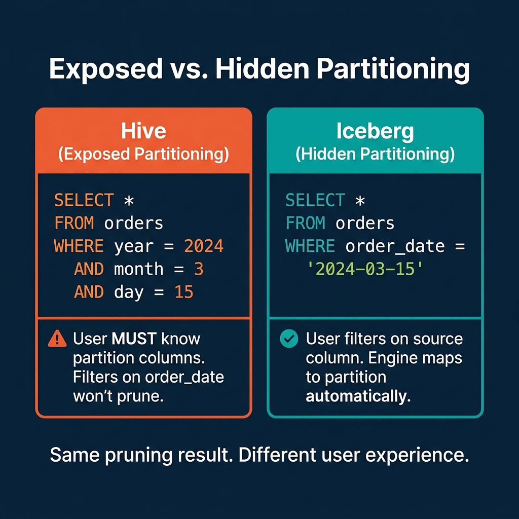 Exposed partitioning in Hive versus hidden partitioning in Iceberg showing the same pruning with different user experience