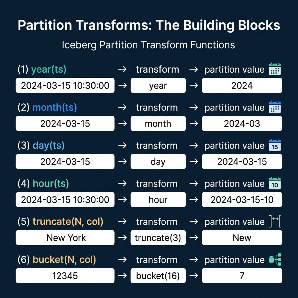 Iceberg's six partition transform functions showing how each maps source values to partition values