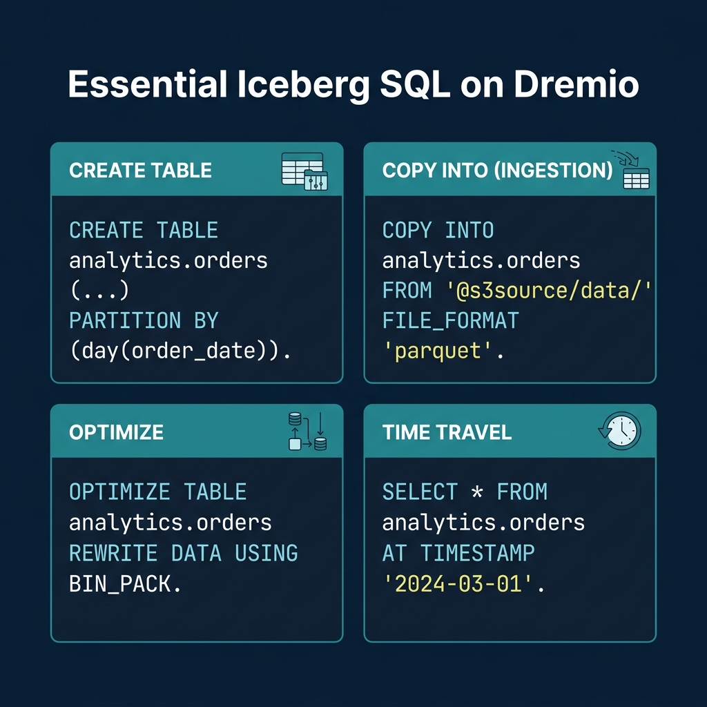Four essential Iceberg SQL operations on Dremio: CREATE, COPY INTO, OPTIMIZE, and time travel