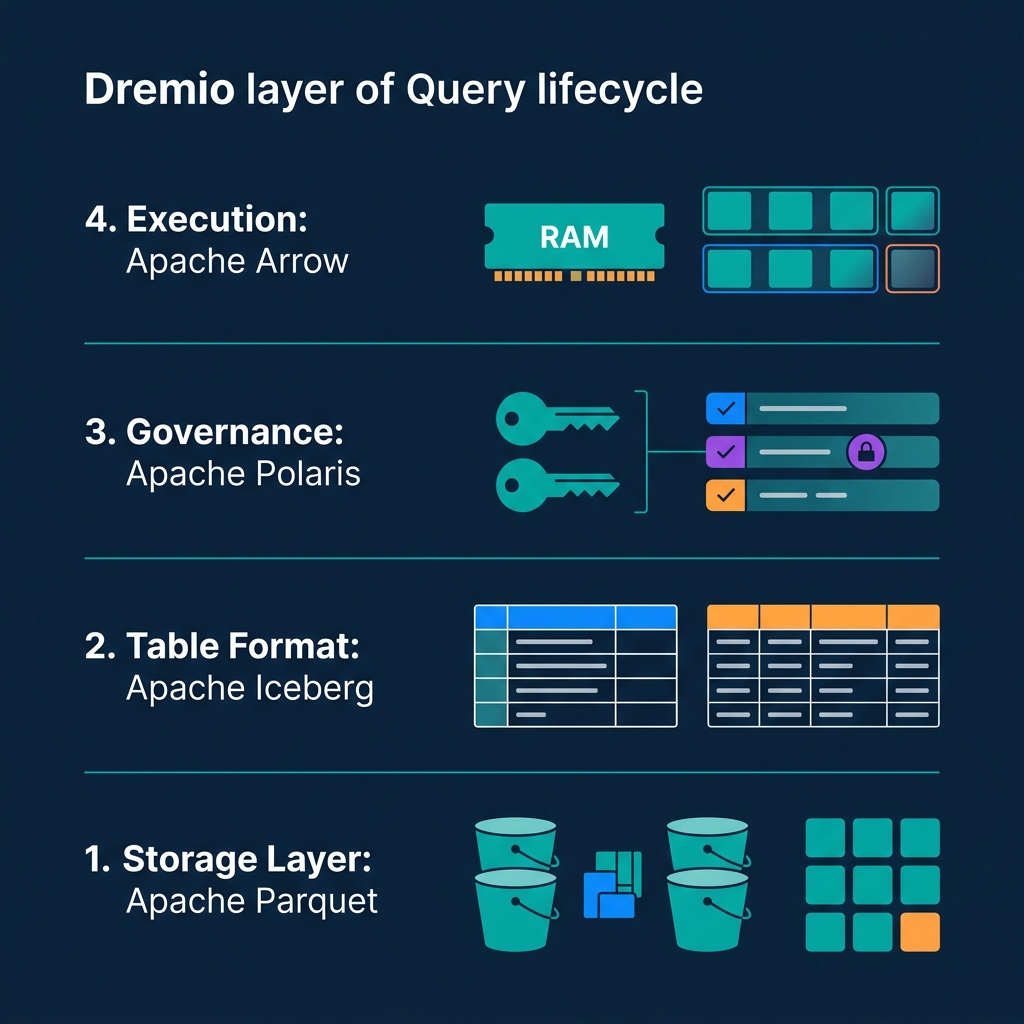 Diagram showing the four layers stacked vertically: Parquet, Iceberg, Polaris, and Arrow